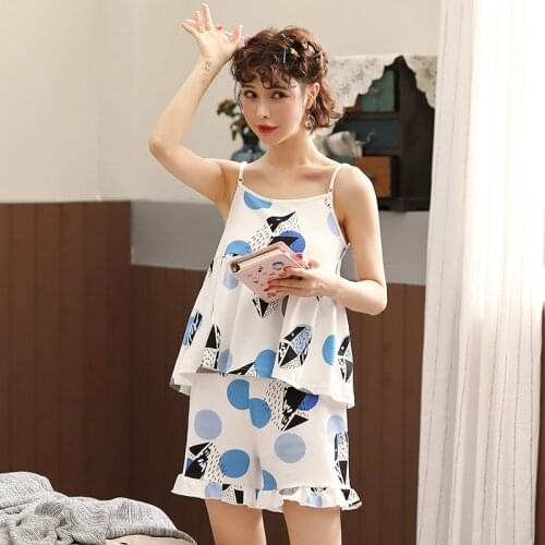 Women new cotton summer pajamas spaghetti strap shorts two piece with chest pad halter sexy thin pajama sets pajamas pajama set