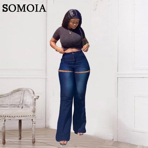 Plus Size Women Cowboy Bottoms Streetwear Metal Ring Decoration Jeans Sexy Holed Wide Leg Pants Denim Trousers Wholesale Items