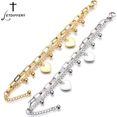 Letdiffery Trendy Two Love Heart Bracelet Stainless Steel Beads Gold Sliver Color Chain Bangle For Girlfriend