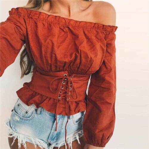 2019 Fashion Women Long sleeve Off Shoulder Tops Lace up Waist Casual T-Shirt Female Solid Corset Top Ladies Belt Tee