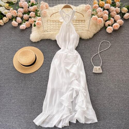 Sexy White Irregular Dress For Women Summer Halter Sleeveless High Waist Open Back Ruffle Slim Party Robe Female Casual Vestidos