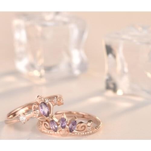 925 Sterling Silver Plated 14K Gold Shiny Purple Crown Princess Zircon Resizable Wedding Luxury Ring Jewelry for Women Gift New