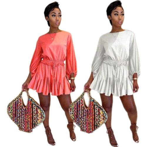 2021 Autumn New Style Long-Sleeved Round Neck Casual Pleated Tie Fashion Commuter Multi-Size Ladies Dress