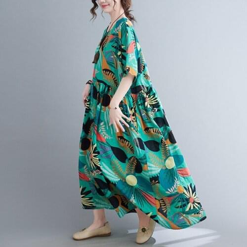 Beach Style Dress 2021 New Arrival Thin Soft Cotton Loose Summer Dress Print Floral Vintage Women Holiday Travel Casual Dress