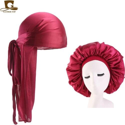 Durags and Bonnets 2 pcs/sets Men Long Tail Silky Durag 42cm Extra Big Bonnet For Couple Comfortable Sleeping Cap