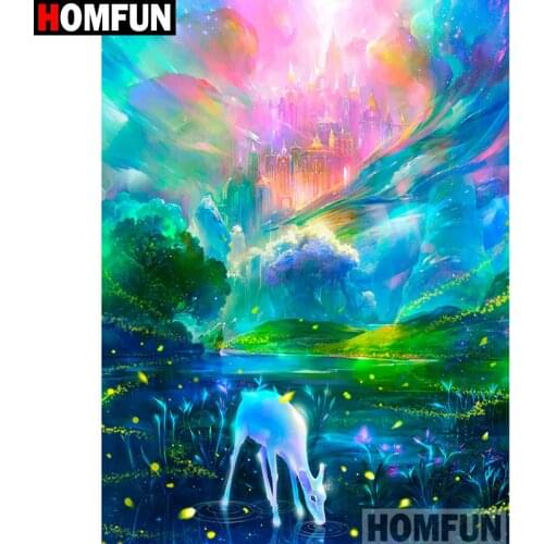 HOMFUN Full Square/Round Drill 5D DIY Diamond Painting "Castle deer" 3D Embroidery Cross Stitch 5D Home Decor A16688