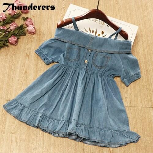 Thunderers Fashion Girls Jeans Dress Summer Sleeveless Blue Color Baby Girl Princess Dress Children Clothes Drop Shipping