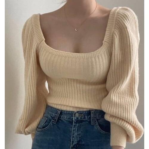 Retro Korean Style Elegant Jumper Square Collar Lantern Sleeve Knitted Sweater Fall Winter Long-sleeved Slim Warm Basic Pullover