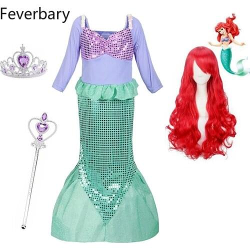 Feverbary Little Girls Mermaid Princess Kids Halloween Christmas Party Cosplay Costume Long Sleeves Dresses Mermaid Red Wig