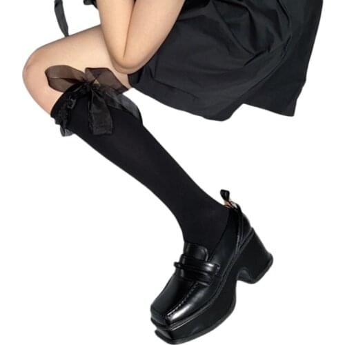 Women Harajuku Gothic Calf Socks Lolita Sweet Satin Long Ribbon Bowknot Kawaii Student Black White Knee High Stockings
