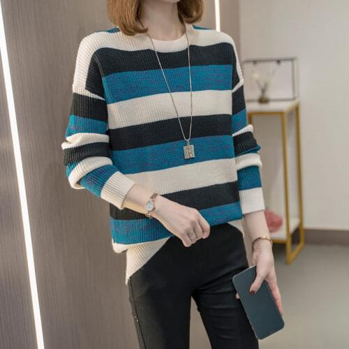 Korean Autumn Winter Clothes Striped Slimming Sweater Womens Top Casual Loose Fashion Knitted Bottoming Shirt And Blouse M230