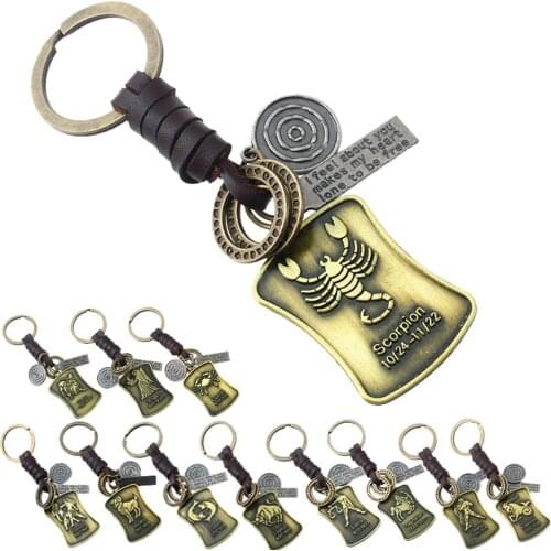 Modyle Weave Genuine Leather 12 Constellation KeyChain Punk Vintage Zodiac Sign Tags for Bag Pendant Car key chain