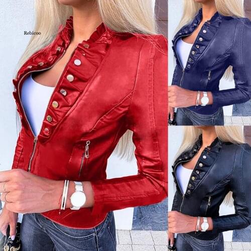 Fashion Women Autumn Winter Faux Leather Zip Pockets Ruffled Motorcycle Jacket