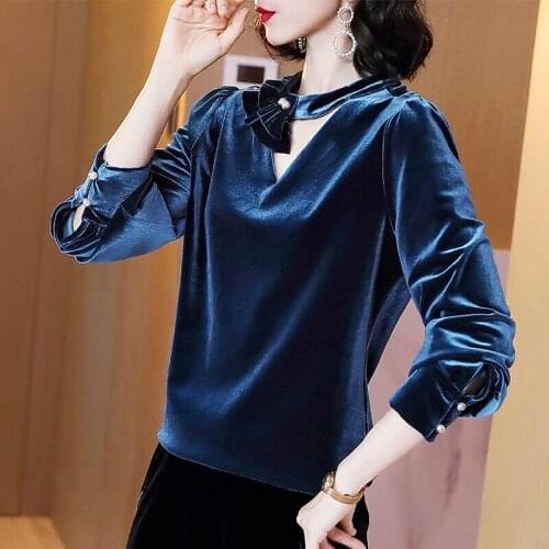 2021 Spring Fall Fashion Womens Ruffles Blue Velvet Top Blouse Shirt , Korean Casual Woman Female Velour Tops Blouses