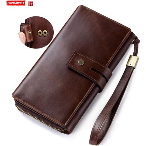 Genuine Leather Men Wallet Crazy Horse Leather European and American Tri-Fold Clutch Bag long purses large capacity phone bags