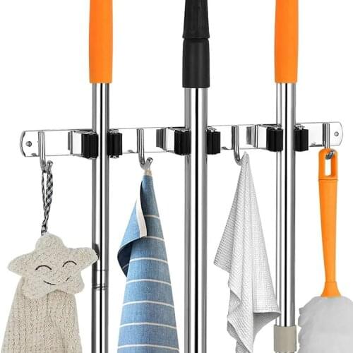 Stainless Steel Broom Holder Multifunctional Wall Mounted High Capacity Space Saving Practical Clip Mop Organizer Kitchen Items