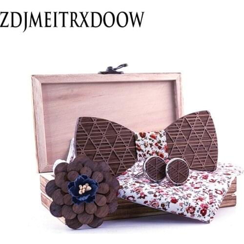 New Mens Wood Bowties For Man Cotton Hankies Bow Ties Sets Man Business Butterfly Cravat Tie For Wedding Wooden Ties Hanky