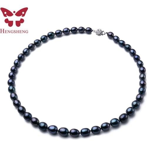 New Arrival 8-9 mm Natural Freshwater Black Pearl Jewelry Necklace 925 Sterling Silver Flower Buckle Fine Jewelry For Women