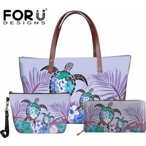 Polynesian Tribal Turtle Handbag Bag for Women Palm Tree Leaf with Flower Pattern Totes Office Shoulder Purse Set 3 Piece Set