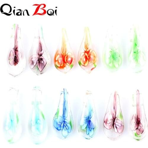 Qianbei Wholesale 12pcs Handmade Murano Lampwork Glass Mix Color Flowers Drop Pendant Fit Necklace