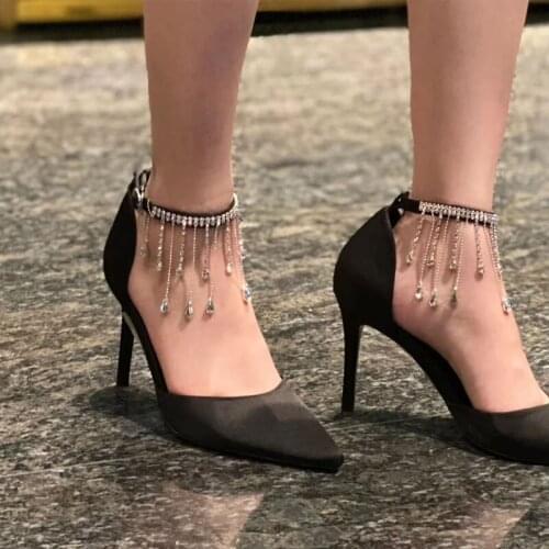 Silk Satin Women’s Party Wedding Casual Mary Janes Shoes Crystal Tassel Pointed Toe Pumps Female Buckle Strap High Heels Sandals