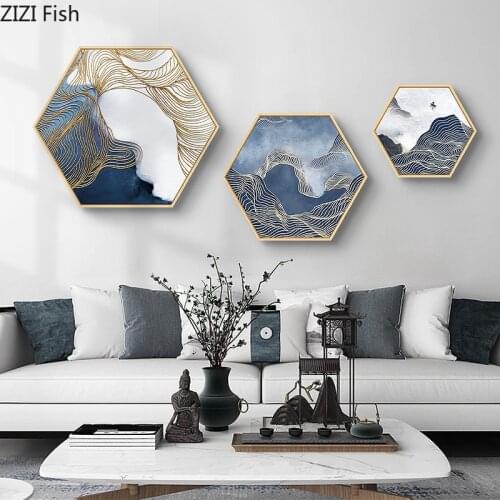 Hexagon Abstract Geometry Inkjet Wall Painting Landscape Wall Decoration Crafts Mural Aluminum Frame Mirror Poster Home Decor