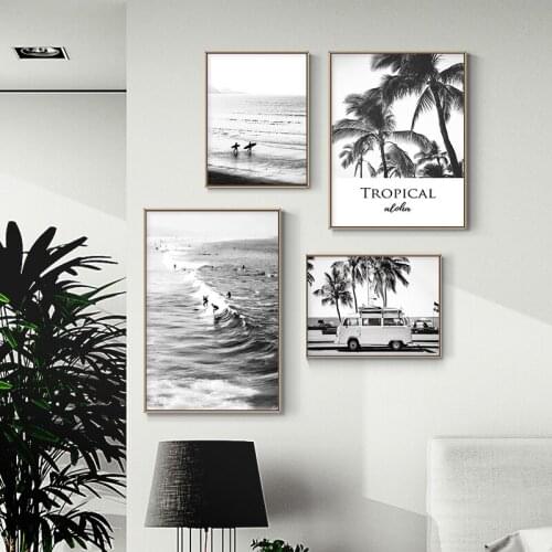Scandinavian Black White Sea Landscape Canvas Poster Tropical Tree Print Painting Surfing Wall Art Nordic Decoration Picture