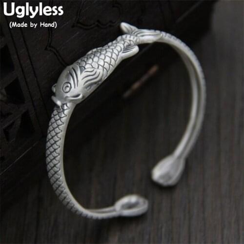 Uglyless Real S 999 Fine Silver Women Dress Jewelry Handmade Carved Fish Open Bangles Vintage Tribe Totem Patterns Bijoux Ethnic