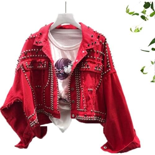 Autumn New Womens Harajuku Red Denim Jacket Coat Heavy Hand Beaded Rivet Short Black Jeans Jackets Women Basic Coats Outfit
