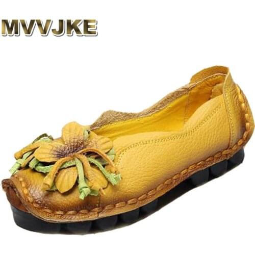 MVVJKE 2018 New Flowers Handmade Genuine Leather Shoes Women Retro Soft Bottom Flat Shoes Summer Canvas Ballet E115