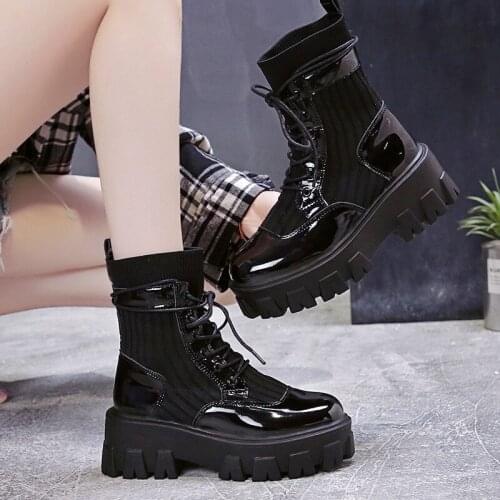 2020 New Fashion European Style Black Ankle Boots Thick bottom Round Toe Black Lace-up Boots Woman Platform Patent Leather Shoes