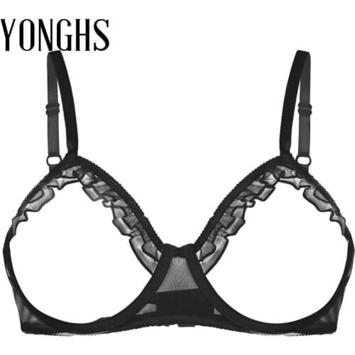 Womens Erotic Bra See Through Sheer Mesh Lingerie Adjustable Spaghetti Shoulder Straps Bare Breast Ruffles Underwired Bra Top