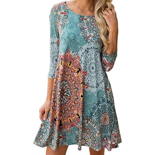 Womens Spring Autumn 3/4 Sleeve Vintage Boho Short Dress Party Beach Floral Print Ladies Loose Casual Mini Dresses WL75