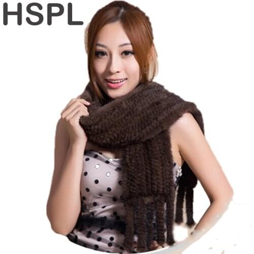 HSPL Hot sale Real Mink Fur Scarf Women Knitted Natural Mink Fur Scarves Black and Brown color scarf available