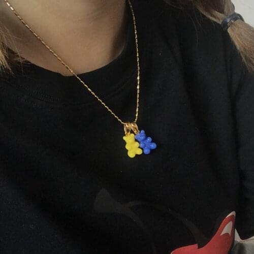 Korean Candy Color Resin Gummy Bear Pendant Necklaces for Women Rainbow Bears Metal Chain Clavicle Necklaces Summer Y2K Jewelry