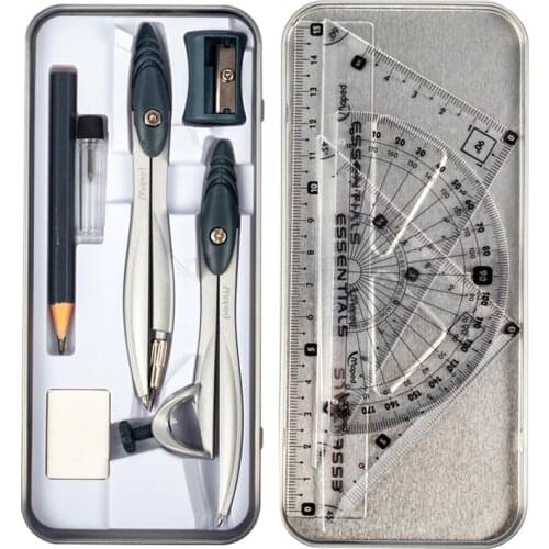 10pcs iron box + metal geometry protractor drawing school rubber compasses set of mathematical rubber ruler for students supplie