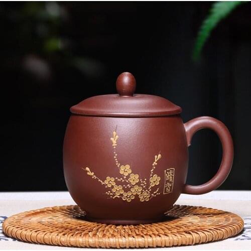 380ML Yixing Purple Clay Plum Flower Pattern Vintage Mug for Office Master Oolong Tea Cup with Lid Kit Raw Ore Zisha Drinkware
