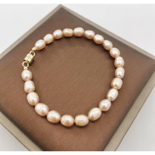 6mm Pink Oval Freshwater Pearls Beaded 14K Gold Filled Vintage Magnet Clasp Hand Made Fine Jewelry Real Pearl Bracelet For Women