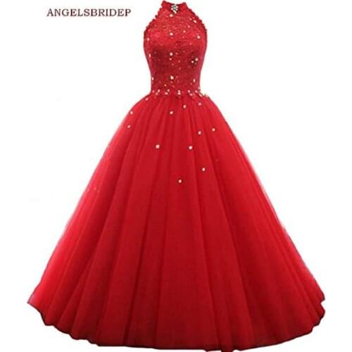 ANGELSBRIDEP Sweet 16 Quinceanera Dresses Sexy High-Neck Lace Bodice Crystal Princess Masquerade Party Gowns Plus Size