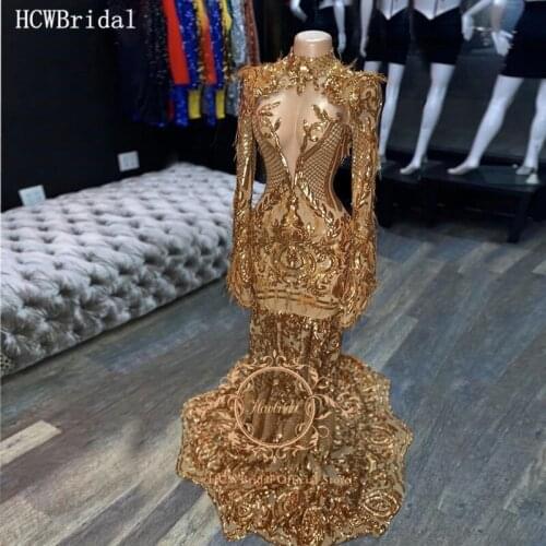 Sparkly Sequins Gold Mermaid African Evening Dress With Feather Open Back Long Sleeves Black Girls Graduation Prom Gowns 2020