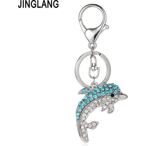 JINGLANG Silver Color Lobster Clasp Keyring Double Color Crystal Dolphin Charms Keychains For Women Handbag Pendants Jewelry