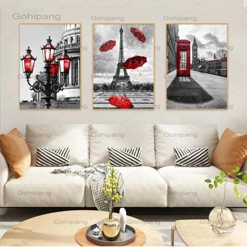 Black and White Tower Red Umbrella Canvas Painting Paris Street Wall Art Poster Prints Decorative Picture for Living Home