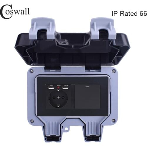 Coswall IP66 Waterproof Outdoor EU Standard Wall Socket With 2 USB Charging Port + 1 Gang 1 Way On / Off Light Switch