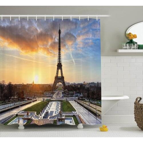 Eiffel Tower Decor Shower Curtain Sunrise in Paris Wall Decoration Hanging Curtains