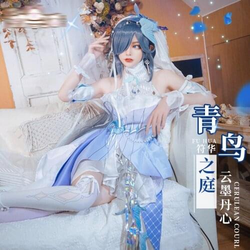 Pre-Sale Game Honkai Impact 3 FuHua Cosplay Blue Bird Garden Cloud ink Pretty White yarn Dress Full set