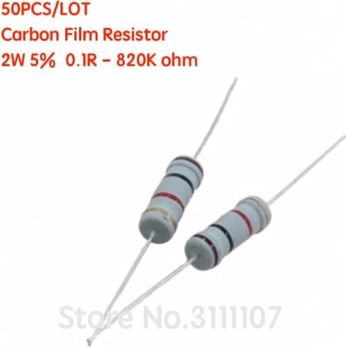 50PCS 2W 5% Carbon Film Resistor 0.1R - 820K ohm 0.1 0.5 4.7 5.6 10 47 470 560 750 200K 510K 820K ohm Resistance Carbon Film