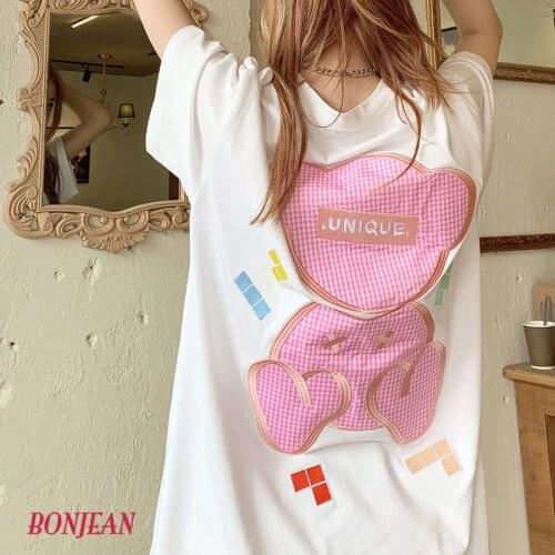 Kawaii Clothes Harajuku 2021 NEW Embroidered Plaid Bear T-shirt Summer Short-sleeved Korean Short-Sleeved Fashion Couple Clothes