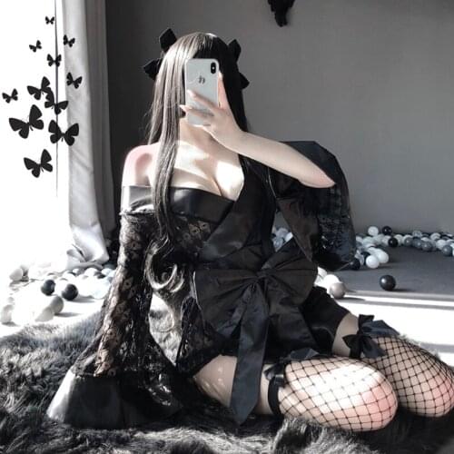 Japanese Dark Kimono Erotic Costumes for Women Sexy Cosplay Uniform Robe Cardigan Role Play Net Yarn Black 3Pcs Lingerie Set