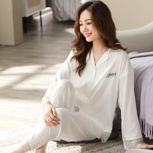 Summer Satin Silk Pajamas Women Solid White Pyjama Mujer PJ Set Lace Sleepwear 2021 Homewear Ice Silk Pijama Femme Nuisette
