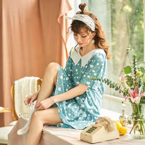 Summer Pijamas Women Sexy Sleep Dress Short Sleeve Turn-down Collar Sleepwear Small Clouds Print Nightwear Cute Loose Nightgown